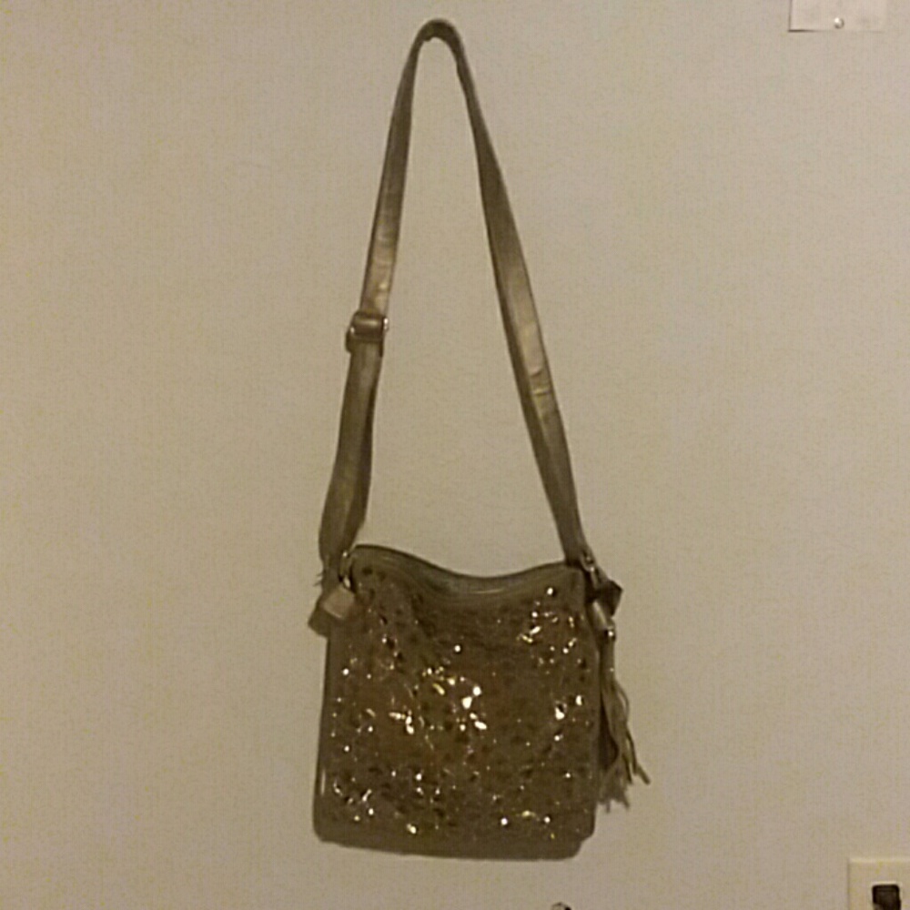 Topaz, faux leather, and rhinestone cross body bag
